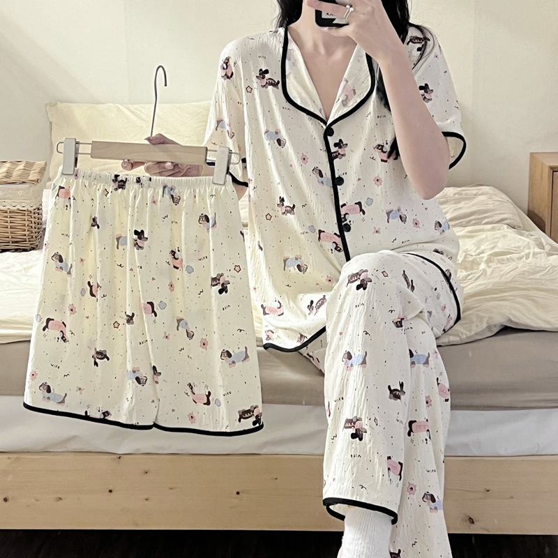 Pijamale transfrontaliere noi de primăvară și toamnă pentru femei, pantaloni cu mânecă scurtă, trei piese, drăguț cardigan cu desene animate, plus mărime, costum de casă, haine