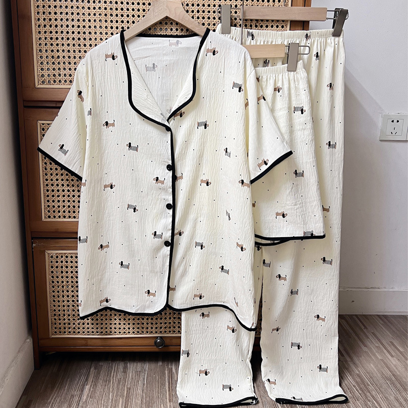 Pijamale transfrontaliere noi de primăvară și toamnă pentru femei, pantaloni cu mânecă scurtă, trei piese, drăguț cardigan cu desene animate, plus mărime, costum de casă, haine