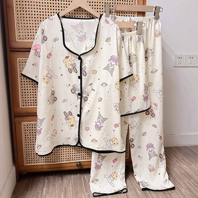 Pijamale transfrontaliere noi de primăvară și toamnă pentru femei, pantaloni cu mânecă scurtă, trei piese, drăguț cardigan cu desene animate, plus mărime, costum de casă, haine