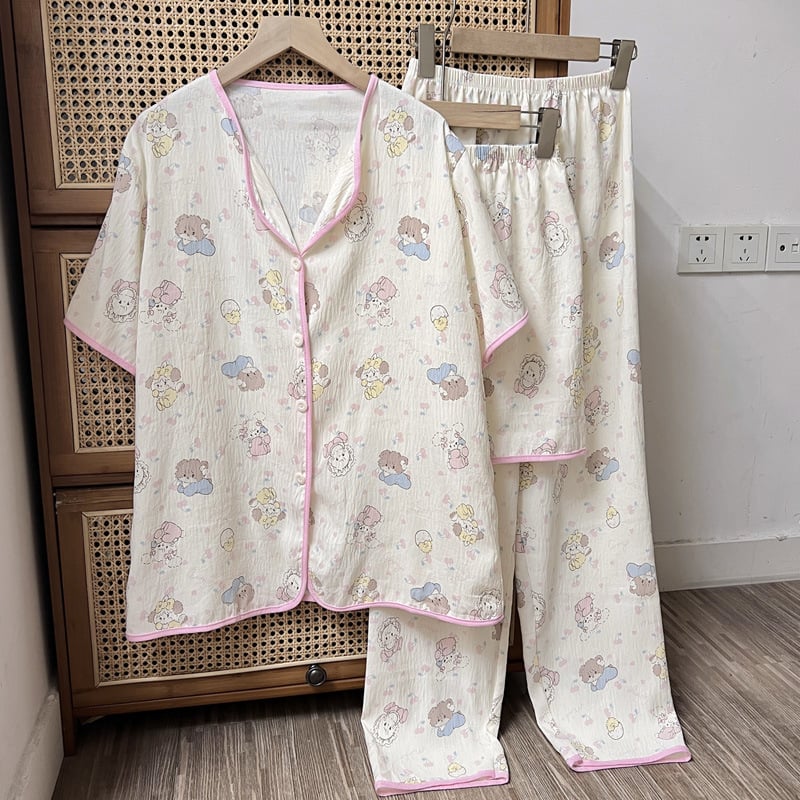 Pijamale transfrontaliere noi de primăvară și toamnă pentru femei, pantaloni cu mânecă scurtă, trei piese, drăguț cardigan cu desene animate, plus mărime, costum de casă, haine