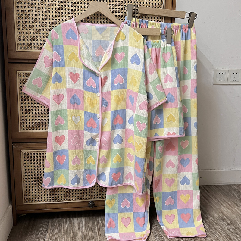 Pijamale transfrontaliere noi de primăvară și toamnă pentru femei, pantaloni cu mânecă scurtă, trei piese, drăguț cardigan cu desene animate, plus mărime, costum de casă, haine