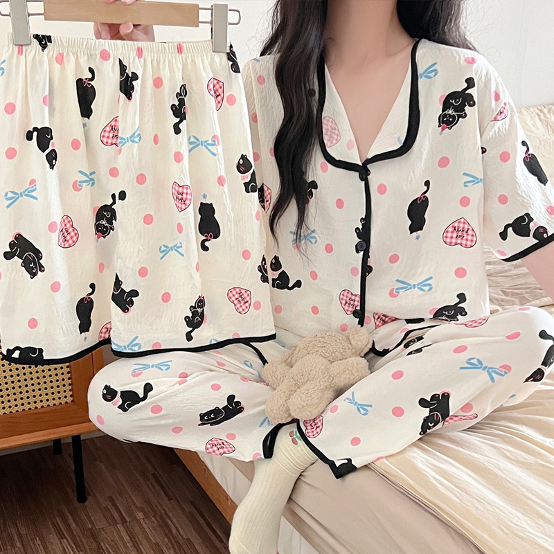 Pijamale transfrontaliere noi de primăvară și toamnă pentru femei, pantaloni cu mânecă scurtă, trei piese, drăguț cardigan cu desene animate, plus mărime, costum de casă, haine