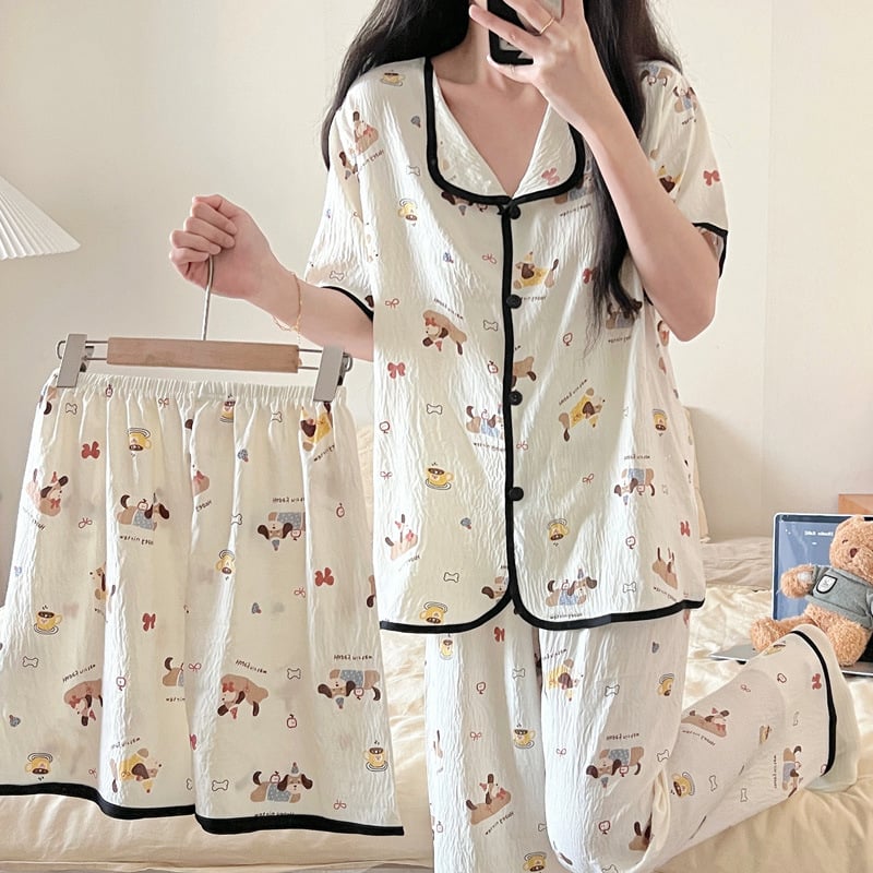 Pijamale transfrontaliere noi de primăvară și toamnă pentru femei, pantaloni cu mânecă scurtă, trei piese, drăguț cardigan cu desene animate, plus mărime, costum de casă, haine