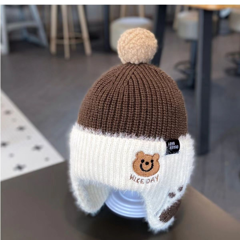 Žieminė kūdikio kepurė ausims apsaugoti, rudens ir žiemos megzta meškiuko vilnos kepurė berniukams, stora ir šilta
