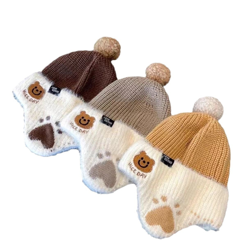 Žieminė kūdikio kepurė ausims apsaugoti, rudens ir žiemos megzta meškiuko vilnos kepurė berniukams, stora ir šilta