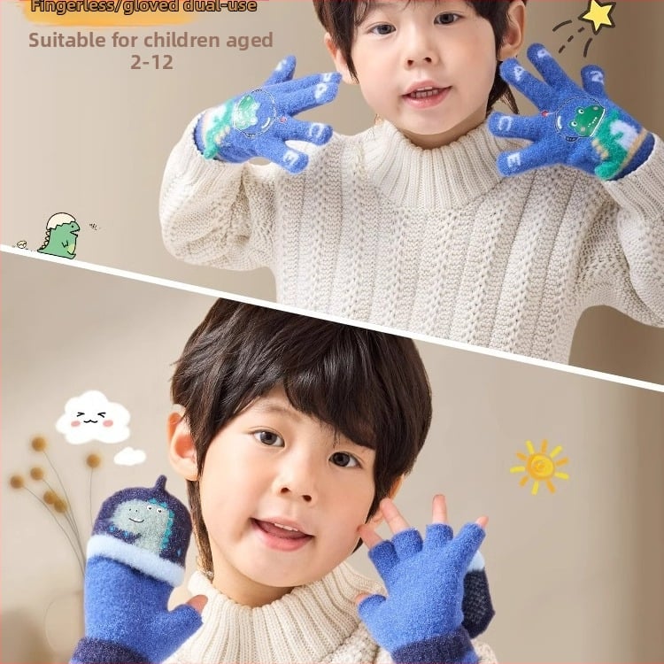 Laste soojad kindad sügiseks ja talveks, viie sõrmega dinosauruste multifilmitegelastega, sõrmedega kirjutamiseks, poistele ja tüdrukutele, beebidele, talveks, fliisvoodriga, külmumisvastased