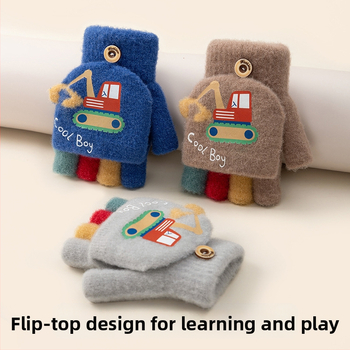 Sügis-talvised poolsõrmega ülespööratavad sõrmedeta kootud lasteaiapoiste paksendatud ja soojad talvised multifilmidest villased lastekindad