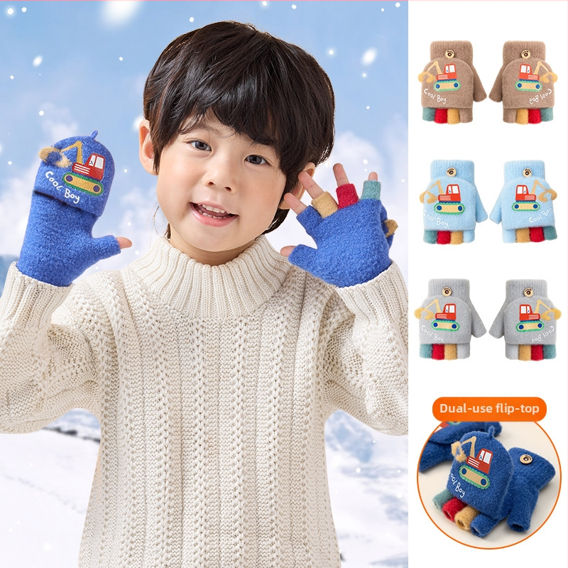 Sügis-talvised poolsõrmega ülespööratavad sõrmedeta kootud lasteaiapoiste paksendatud ja soojad talvised multifilmidest villased lastekindad