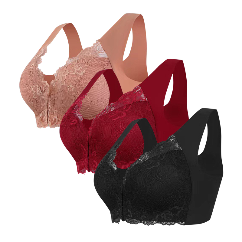 Populaarne piiriülene 3-osaline komplekt pluss-suuruses eest sulgemisega seksikas pitsist rinnahoidja ilma traadita, õmblusteta top naiste aluspesu hulgimüük