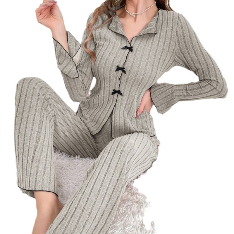 Pijamale transfrontaliere europene și americane la modă, rever, casual, cu fundă, pantaloni cu mânecă lungă, costum din două piese pentru femei