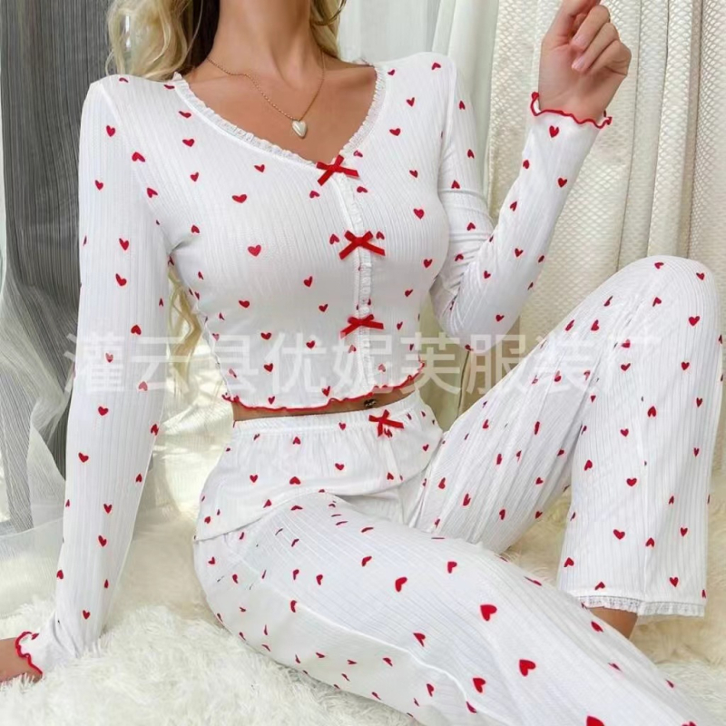Nové európske a americké cezhraničné horúce predajné domáce oblečenie Roll Love V-výstrih s dlhým rukávom Pyžamo pre ženy Vrchné oblečenie Dvojdielny oblek