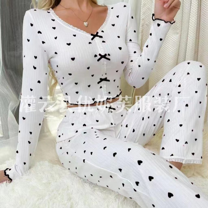 Nové európske a americké cezhraničné horúce predajné domáce oblečenie Roll Love V-výstrih s dlhým rukávom Pyžamo pre ženy Vrchné oblečenie Dvojdielny oblek