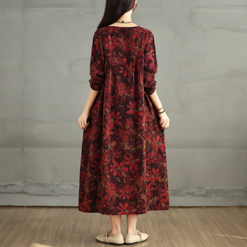 Реална снимка на есенна нова ретро рокля с дълъг ръкав, голям размер, с щампа от памук и лен, с кръгло деколте и щампа от 2024 г.
