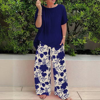 HR7706 Διασυνοριακό Amazon AliExpress Γυναικείο καλοκαιρινό παντελόνι με στάμπα, σετ δύο τεμαχίων, με φαρδιά σχέδια και σχέδιο