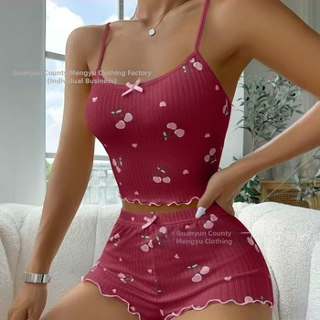 Amazon európai és amerikai 2024 cseresznyenyomatos trikó és rövidnadrág női pizsamaöltöny otthoni viselet