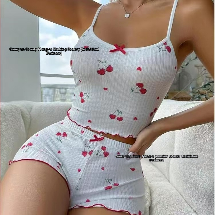 Amazon európai és amerikai 2024 cseresznyenyomatos trikó és rövidnadrág női pizsamaöltöny otthoni viselet