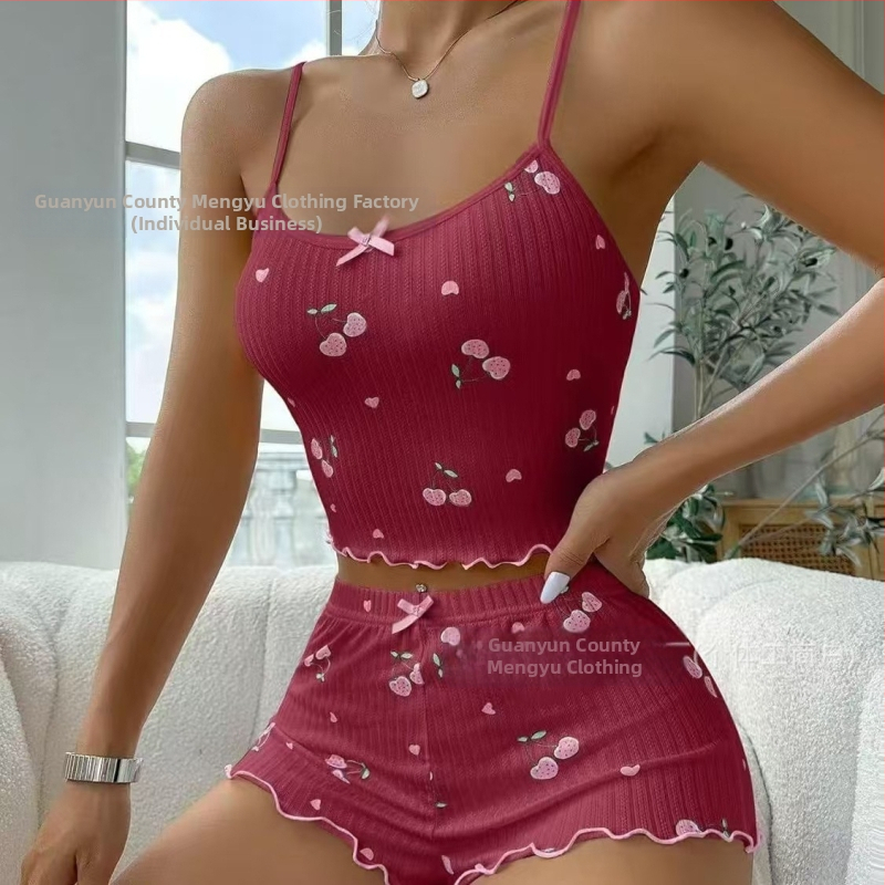 Dámske pyžamá s potlačou čerešní a šortky Amazon European and American 2024, oblek pre domáce nosenie