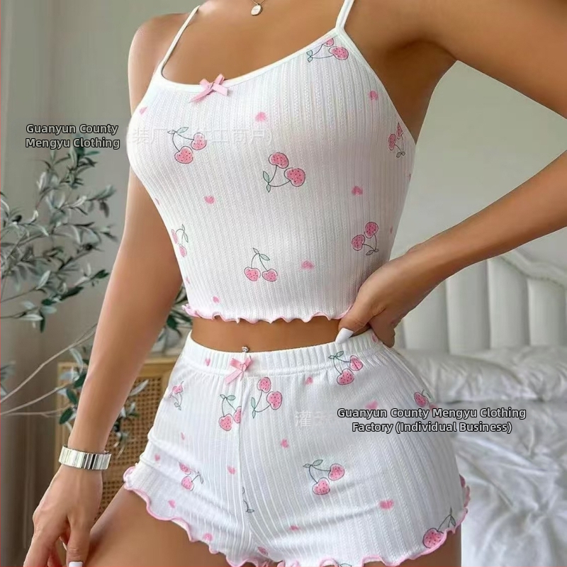 Amazon európai és amerikai 2024 cseresznyenyomatos trikó és rövidnadrág női pizsamaöltöny otthoni viselet