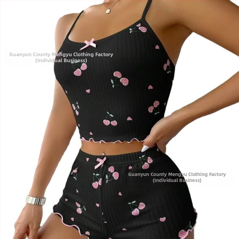 Amazon európai és amerikai 2024 cseresznyenyomatos trikó és rövidnadrág női pizsamaöltöny otthoni viselet