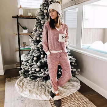 2024 Amazon AliExpress Európske a americké vianočné pruhované kontrastné farebné šitie nohavice s dlhým rukávom a výstrihom do V, ležérny oblek