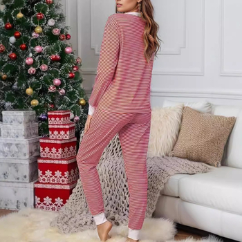 2024 Amazon AliExpress Χριστουγεννιάτικο παντελόνι με ευρωπαϊκά και αμερικανικά χρώματα και ρίγες, χρωματική αντίθεση, μακριά μανίκια και V λαιμόκοψη, casual κοστούμι