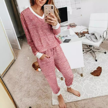 2024 Amazon AliExpress Χριστουγεννιάτικο παντελόνι με ευρωπαϊκά και αμερικανικά χρώματα και ρίγες, χρωματική αντίθεση, μακριά μανίκια και V λαιμόκοψη, casual κοστούμι