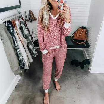 2024 Amazon AliExpress Χριστουγεννιάτικο παντελόνι με ευρωπαϊκά και αμερικανικά χρώματα και ρίγες, χρωματική αντίθεση, μακριά μανίκια και V λαιμόκοψη, casual κοστούμι