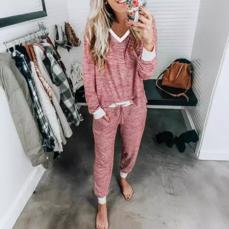 2024 Amazon AliExpress Európske a americké vianočné pruhované kontrastné farebné šitie nohavice s dlhým rukávom a výstrihom do V, ležérny oblek