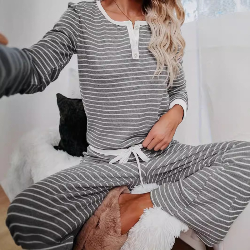 În stoc Amazon Aliexpress European și American Nou Set pantaloni lungi cu mânecă lungă, cu decolteu în V, nasturi, dungi, textură, material textil, de la Europa și America