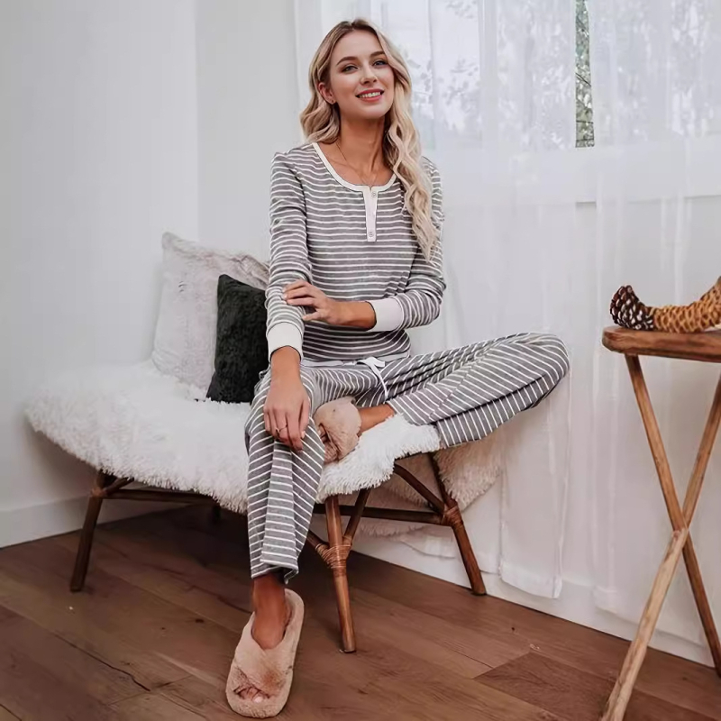 În stoc Amazon Aliexpress European și American Nou Set pantaloni lungi cu mânecă lungă, cu decolteu în V, nasturi, dungi, textură, material textil, de la Europa și America