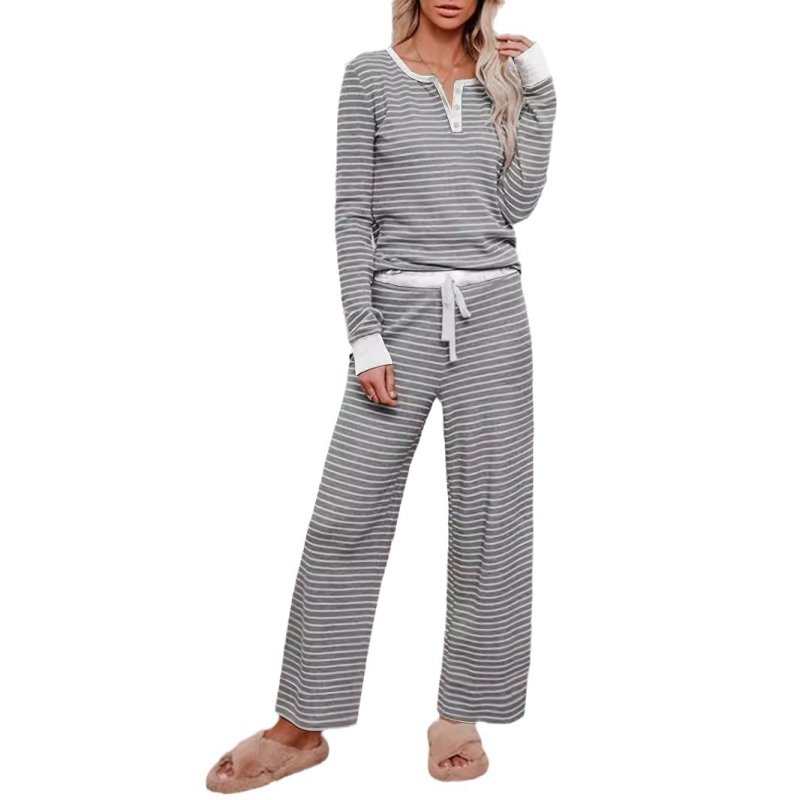 În stoc Amazon Aliexpress European și American Nou Set pantaloni lungi cu mânecă lungă, cu decolteu în V, nasturi, dungi, textură, material textil, de la Europa și America