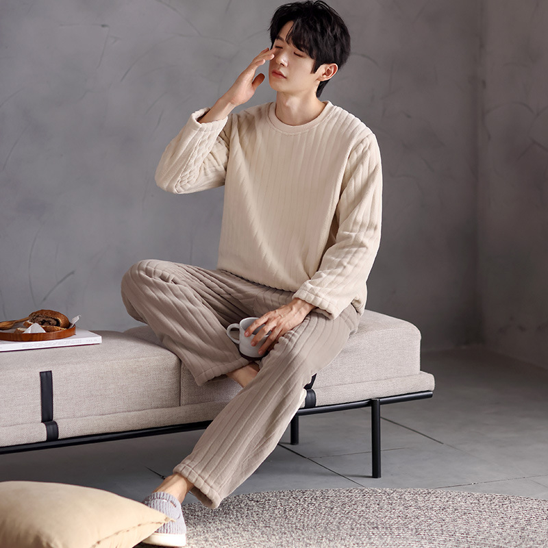 Vīriešu ziemas pidžama ar koraļļu flīsa apkakli, džemperis ar biezu flīsa oderi, silts flaneļa virsdrēbju kostīms