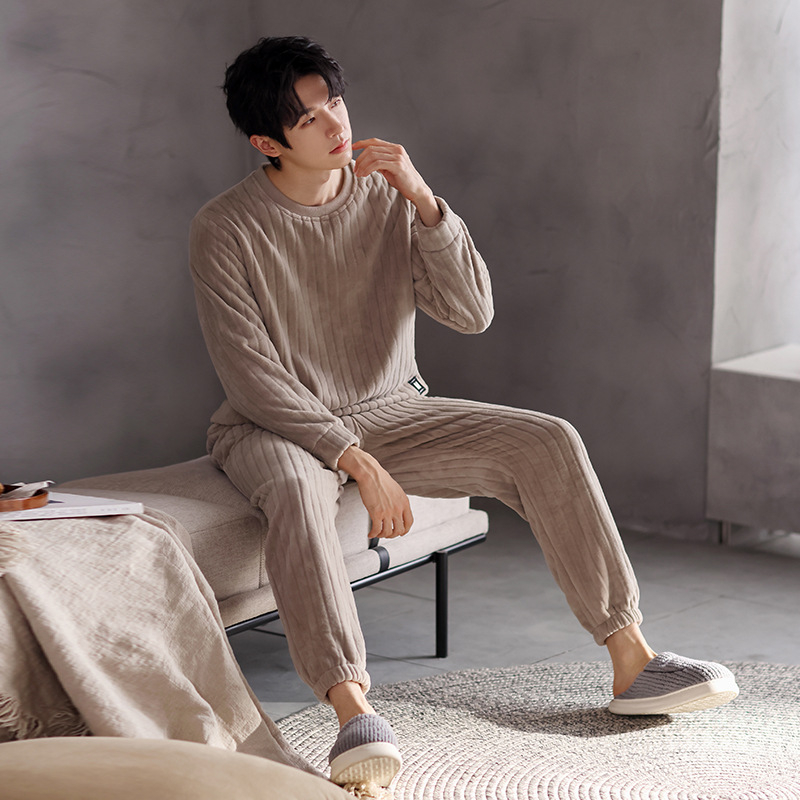Vīriešu ziemas pidžama ar koraļļu flīsa apkakli, džemperis ar biezu flīsa oderi, silts flaneļa virsdrēbju kostīms