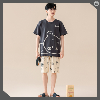 Suvine puhtast puuvillast meeste ööriided ümara kaelusega lühikeste varrukatega lühikesed püksid õhukese stiiliga vabaaja lahtised tudengiriided koduriided