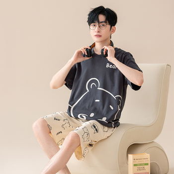 Suvine puhtast puuvillast meeste ööriided ümara kaelusega lühikeste varrukatega lühikesed püksid õhukese stiiliga vabaaja lahtised tudengiriided koduriided