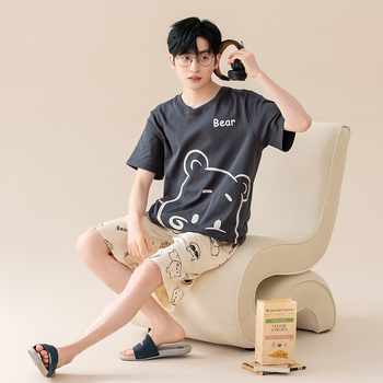 Suvine puhtast puuvillast meeste ööriided ümara kaelusega lühikeste varrukatega lühikesed püksid õhukese stiiliga vabaaja lahtised tudengiriided koduriided