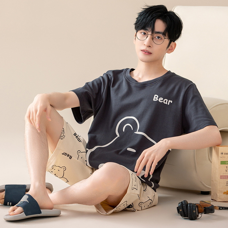 Vasaros grynos medvilnės vyriški miego drabužiai apvaliu kaklu, trumpomis rankovėmis, trumpos kelnės, plonas stilius, laisvalaikio, laisvalaikio, studentų namų apranga.