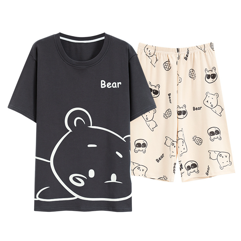 Vasaros grynos medvilnės vyriški miego drabužiai apvaliu kaklu, trumpomis rankovėmis, trumpos kelnės, plonas stilius, laisvalaikio, laisvalaikio, studentų namų apranga.