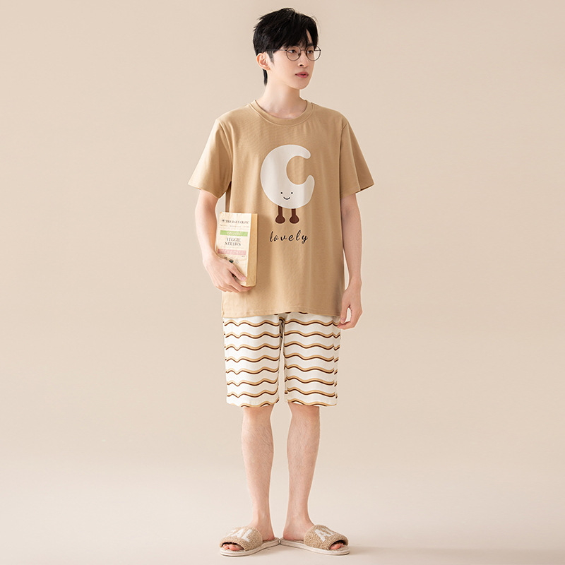 Suvine puhtast puuvillast meeste ööriided ümara kaelusega lühikeste varrukatega lühikesed püksid õhukese stiiliga vabaaja lahtised tudengiriided koduriided