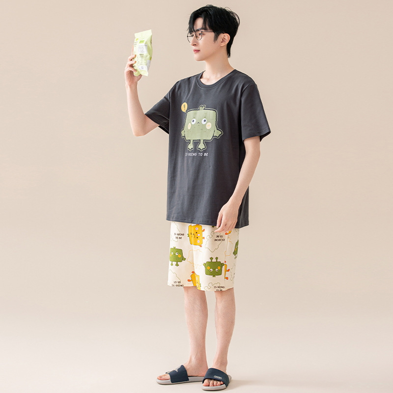 Suvine puhtast puuvillast meeste ööriided ümara kaelusega lühikeste varrukatega lühikesed püksid õhukese stiiliga vabaaja lahtised tudengiriided koduriided