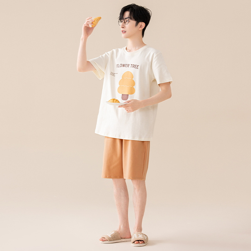 Suvine puhtast puuvillast meeste ööriided ümara kaelusega lühikeste varrukatega lühikesed püksid õhukese stiiliga vabaaja lahtised tudengiriided koduriided