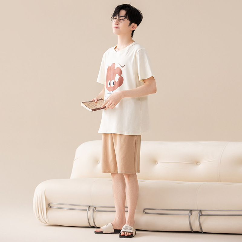 Suvine puhtast puuvillast meeste ööriided ümara kaelusega lühikeste varrukatega lühikesed püksid õhukese stiiliga vabaaja lahtised tudengiriided koduriided
