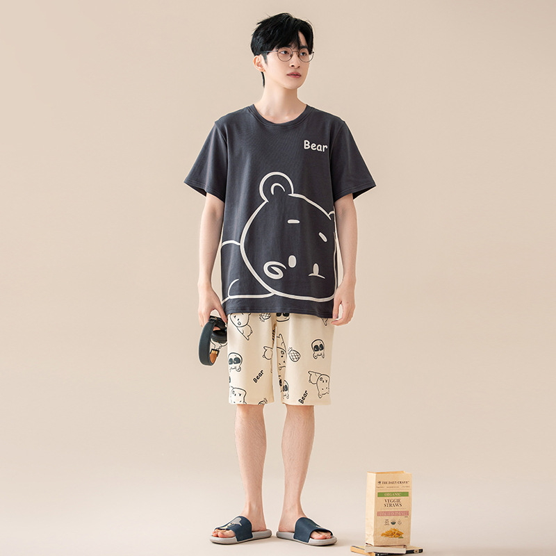 Suvine puhtast puuvillast meeste ööriided ümara kaelusega lühikeste varrukatega lühikesed püksid õhukese stiiliga vabaaja lahtised tudengiriided koduriided