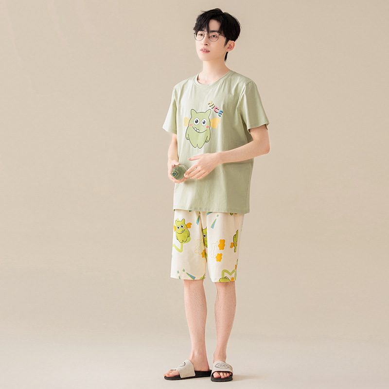 Suvine puhtast puuvillast meeste ööriided ümara kaelusega lühikeste varrukatega lühikesed püksid õhukese stiiliga vabaaja lahtised tudengiriided koduriided