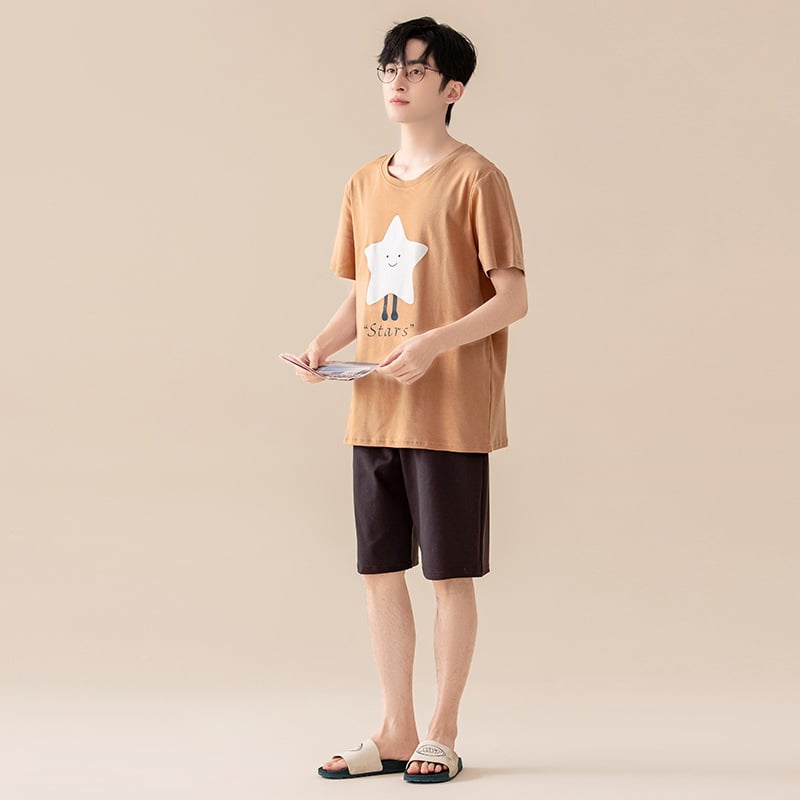 Suvine puhtast puuvillast meeste ööriided ümara kaelusega lühikeste varrukatega lühikesed püksid õhukese stiiliga vabaaja lahtised tudengiriided koduriided