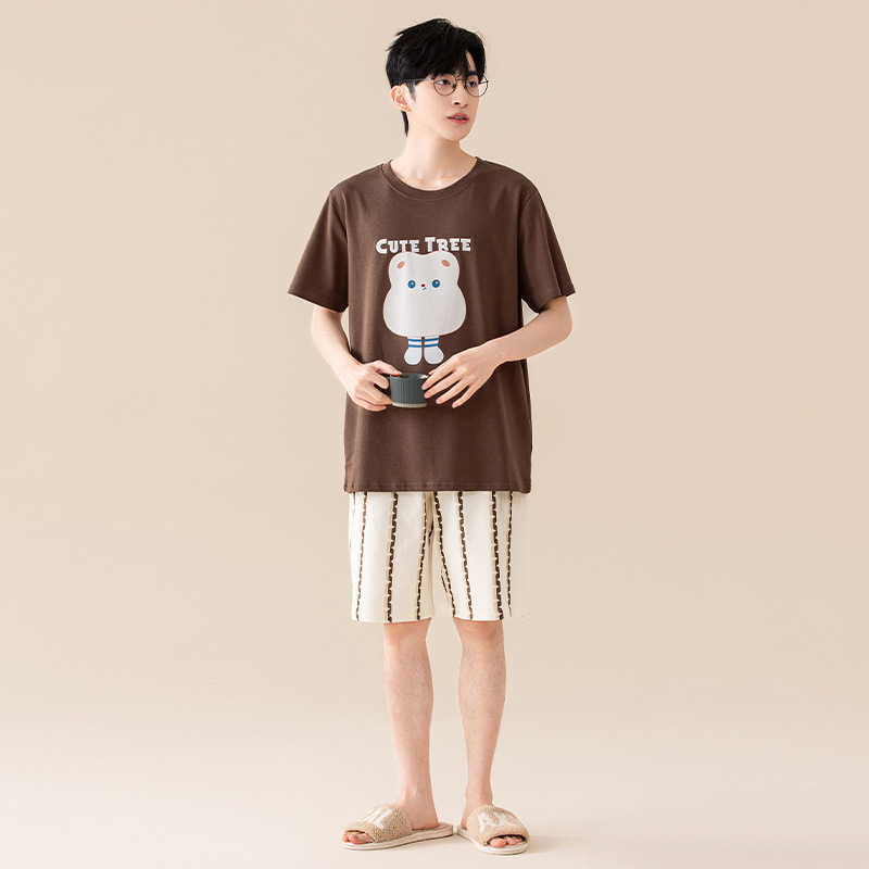 Suvine puhtast puuvillast meeste ööriided ümara kaelusega lühikeste varrukatega lühikesed püksid õhukese stiiliga vabaaja lahtised tudengiriided koduriided