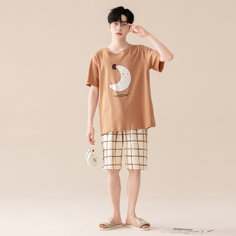 Suvine puhtast puuvillast meeste ööriided ümara kaelusega lühikeste varrukatega lühikesed püksid õhukese stiiliga vabaaja lahtised tudengiriided koduriided