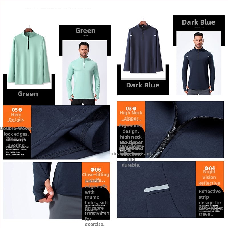 Мъжка тениска с дълъг ръкав за есенни и зимни спортове с половин цип, бягане на открито, фитнес, тренировки, дишащи, еластични, бързосъхнещи дрехи