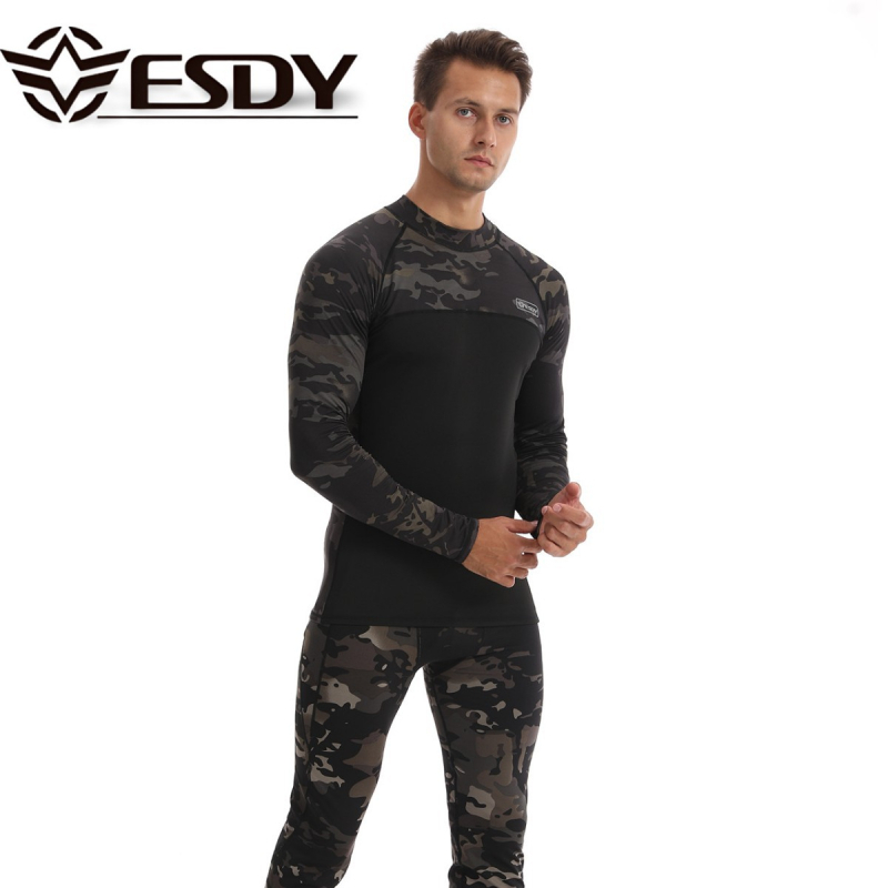 ESDY nauji apvalios kaklo vyriški sportiniai kamufliažiniai apatiniai drabužiai, kryžminiai, laisvalaikio stiliaus, šiltas kostiumas, atsparus šalčiui, 175 laipsnių kampu