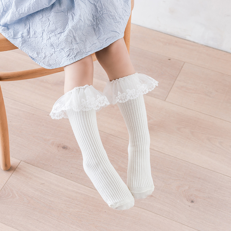 Παιδικές Κάλτσες μέχρι τη Μόσχα Φθινοπωρινές Μονόχρωμες Κορίτσια με Νήμα με Κούκλες και Δαντέλα, Κάλτσες μέχρι το γόνατο, Χτενισμένες Βαμβακερές, Γυναικείες Κάλτσες Treasure